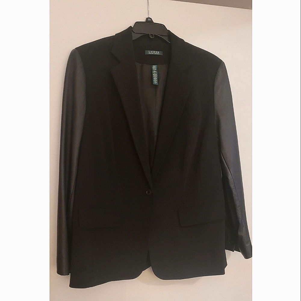 LAUREN RALPH LAUREN / Black Wool Blend Blazer with Leather Sleeves / 18W